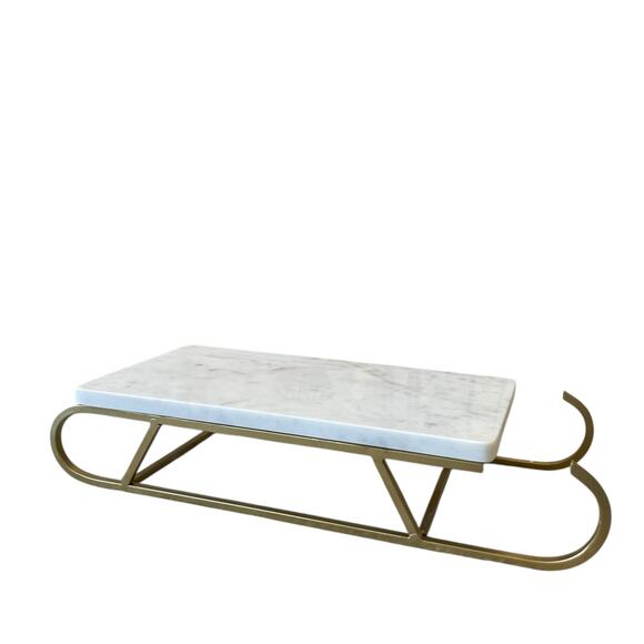 Marble Sledge Holiday Serving Tray 18x8 White & Gold Metal Handmade in India - Picture 14 of 15